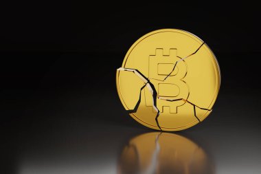 Karanlık arka planda fotokopi uzayı ile kırılmış Bitcoin. Kripto para birimi çöküşü konsepti. 3d illüstrasyon.