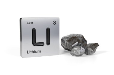 Beyaz zemin üzerinde izole edilmiş metalik lityum yakınındaki periyodik tablodan lityum element sembolü. 3d illüstrasyon.