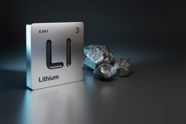 Metalik lityum yakınındaki periyodik tabloda bulunan lityum elementi sembolü. 3d illüstrasyon.