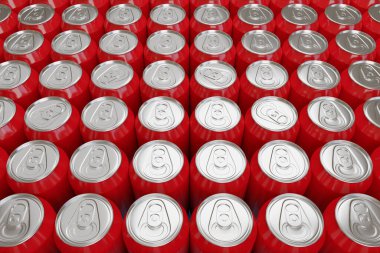 Kırmızı soda kutuları arka planda. 3d illüstrasyon.