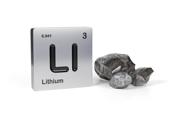 Beyaz zemin üzerinde izole edilmiş metalik lityum yakınındaki periyodik tablodan lityum element sembolü. 3d illüstrasyon.