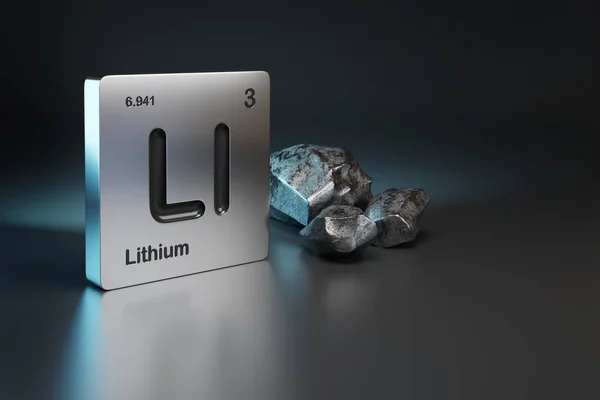 Lithium Element Symbol Fra Det Periodiske System Nær Metallisk Lithium - Stock-foto