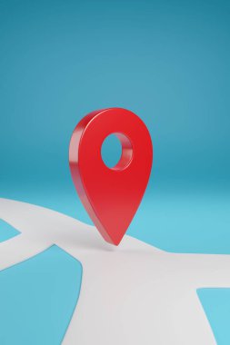 Mavi arkaplanda kırmızı harita işaretçisi. 3d illüstrasyon.