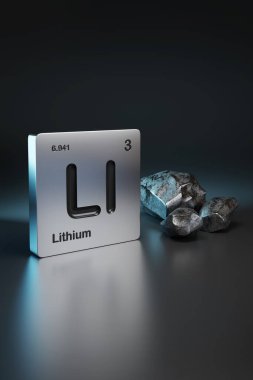 Metalik lityum yakınındaki periyodik tablodan lityum element sembolü. 3d illüstrasyon.