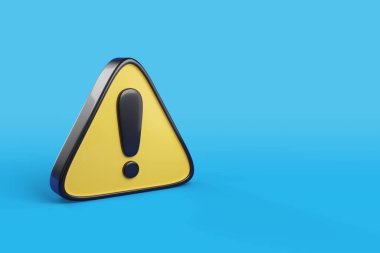 Mavi zemin üzerinde ünlem işareti olan sarı üçgen uyarı işareti. 3d illüstrasyon.