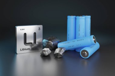 Lityum - iyon pilleri, metalik lityum ve element sembolü. 3d illüstrasyon.