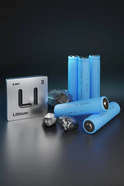 リチウムイオン電池とリチウム元素記号 3Dイラスト — ストック写真