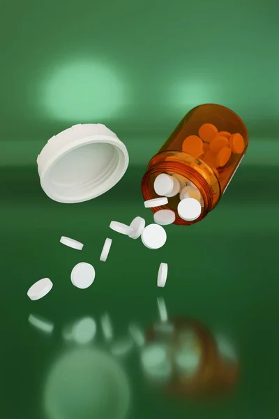 White Pills Spilling Out Pill Bottle Isolated Green Background Illustration — Photo