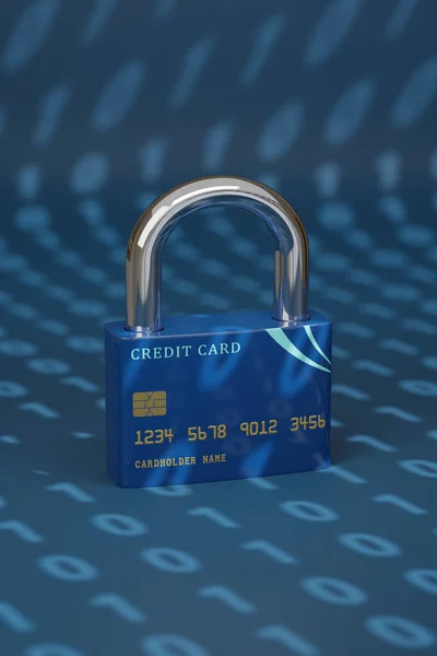 Credit card in the shape of a closed padlock on a background of binary code. Computer security concept. 3d illustration.
