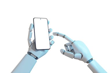Boş ekranlı cep telefonu kullanan robot eller. 3d illüstrasyon.