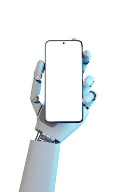 Robotic hand holding a mobile phone with a blank screen isolated on white background. 3d illustration.