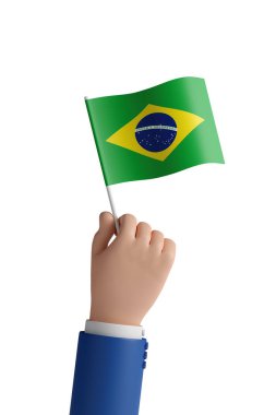 Cartoon hand with the flag of Brazil isolated on white background. 3d illustration.