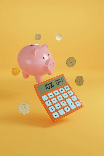Calculator Text Screen Next Piggy Bank Coins Yellow Background Illustration — Zdjęcie stockowe
