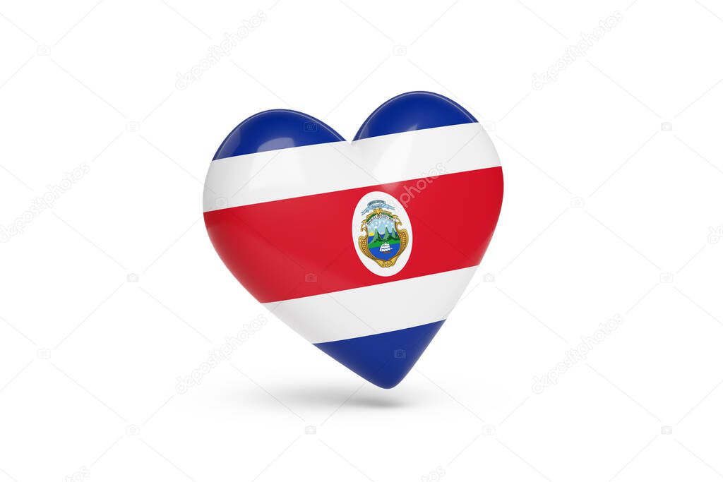 Heart with the colors of the flag of Costa Rica isolated on white background. 3d illustration.