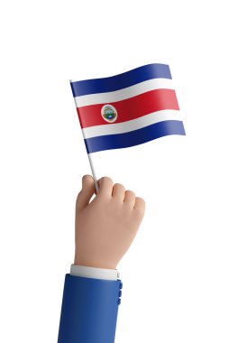 Cartoon hand with the flag of Costa Rica isolated on white background. 3d illustration.