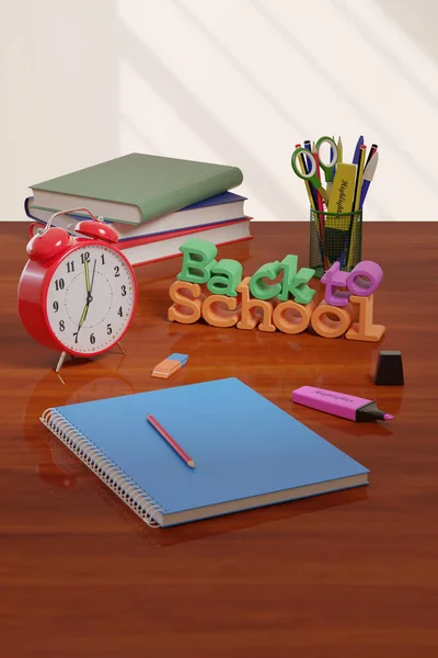 Alarm Clock Pencils Books Desk Back School Concept Illustration — Foto Stock