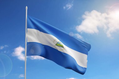 Flag of Nicaragua on blue sky. 3d illustration.