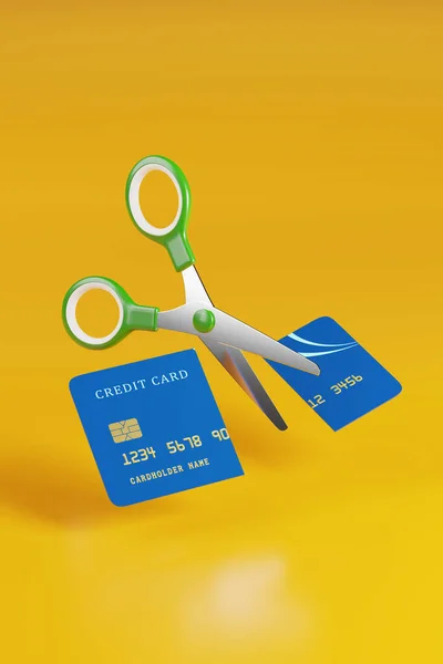 Scissors Cutting Credit Card Yellow Background Illustration — Stock fotografie