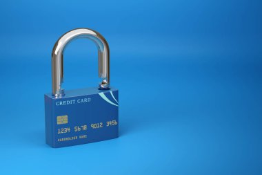 Credit card in the shape of an open padlock with copy space. Security concept. 3d illustration.