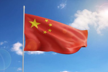 Flag of People's Republic of China on blue sky. 3d illustration.