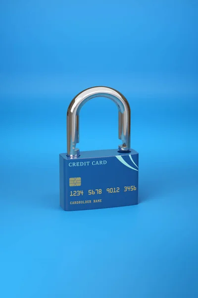 Credit card in the shape of an open padlock. Security concept isolated on blue background. 3d illustration.