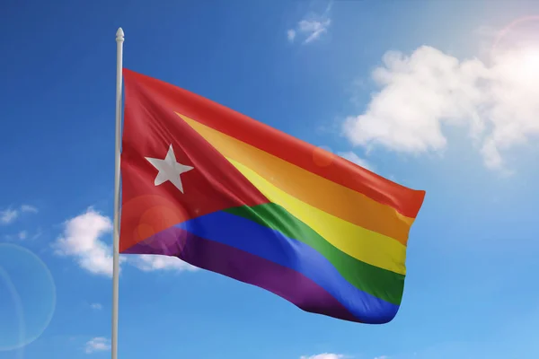 Bandera Cuba Con Colores Arcoíris Sobre Fondo Celeste Concepto Lgbt — Foto de Stock