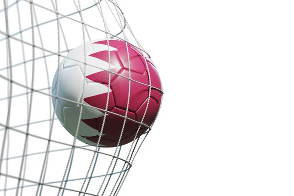 Футбольный Мяч Флагом Катара Забив Гол Перемещая Сеть Изолированы Белом — стоковое фото