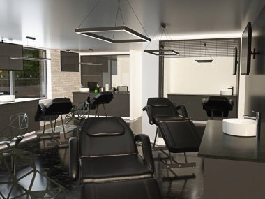 Modern Interior 3D render of Tattoo Shop with epoxy floor