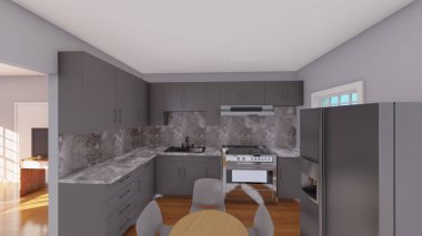 2 yatak odalı ve 1 banyolu 3 boyutlu bir daire.