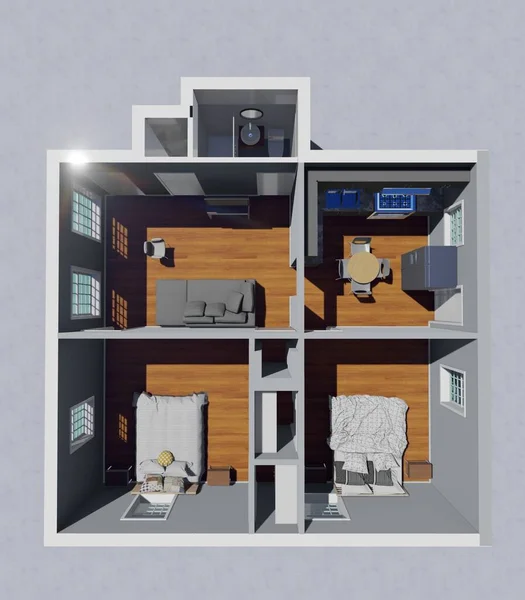 Renderelés Hálószobás Apartman Fürdőszobával — Stock Fotó