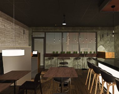 Lokanta ve barın 3 boyutlu tasarımı, ticari bina