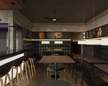 Lokanta ve barın 3 boyutlu tasarımı, ticari bina