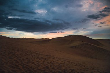 Gün batımında, bulutlu bir günde çölün manzarası. Yatay. Kopyalama alanı ile.