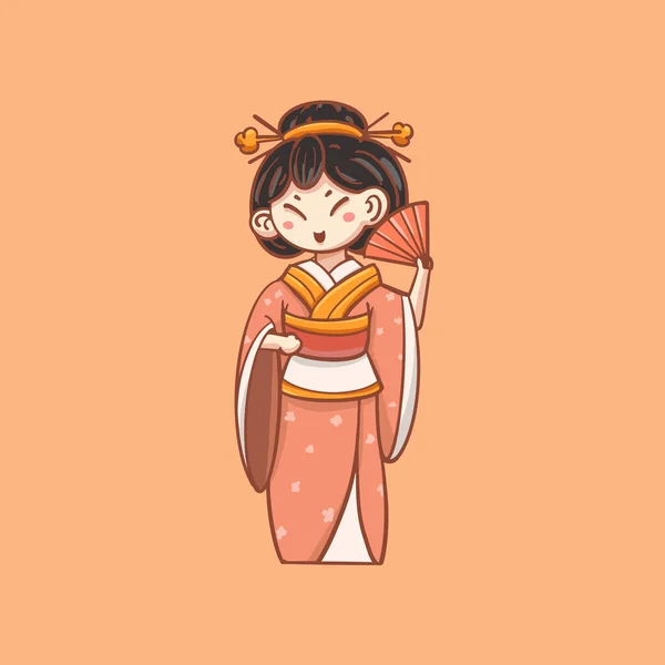 Dessin Animé Main Kimono Japonais Fille Illustration — Image vectorielle