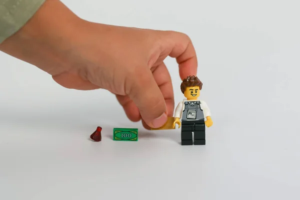Childs Hand Lays Out Lego White Background High Quality Photo — 스톡 사진
