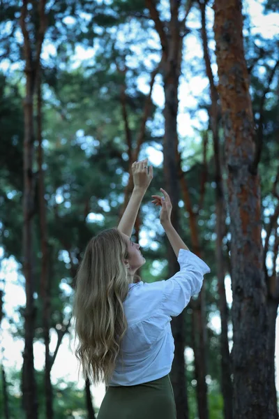 A young girl reaches for the trees with her hands. High quality photo
