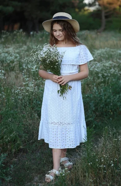 Girl Walks Path Dress Bouquet Daisies High Quality Photo — стоковое фото