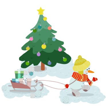 Şapkalı, atkılı ve eldivenli sevimli kardan adam. Hediyelerle dolu Weser kızağı. Yakınlarda hediyelerle süslenmiş bir Noel ağacı var. Vektör illüstrasyonu beyaz arkaplanda izole edildi.