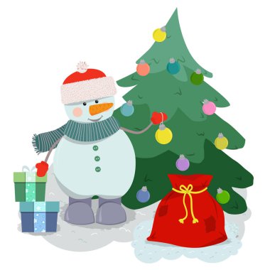 Şapkalı, atkılı ve eldivenli sevimli kardan adam. Yakınlarda hediyelerle süslenmiş bir Noel ağacı var. Vektör illüstrasyonu beyaz arkaplanda izole edildi.