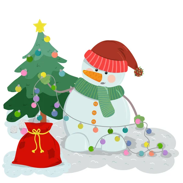 Şapkalı kardan adam Noel ağacını süslüyor..