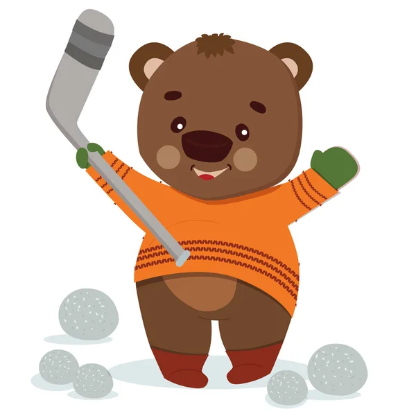 Kazak giyen çizgi film ayısı hokey oynar..