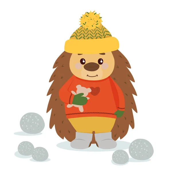 Kazak giymiş küçük bir kirpi ve eldivenler yürür.