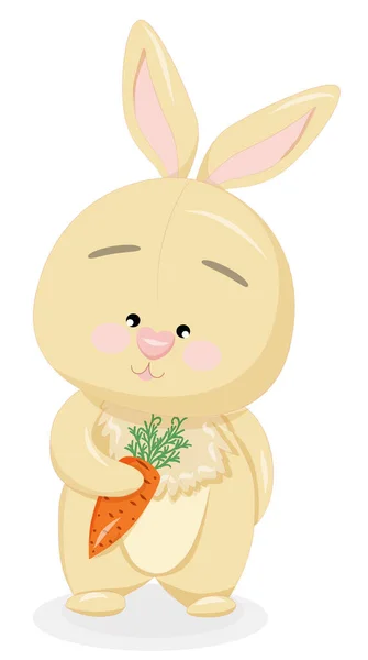 Cartoon happy chubby beige bunny with carrot — Stock Vector