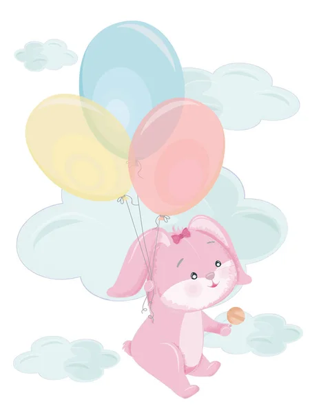 Cartoon pink chubby bunny flying on balloons.