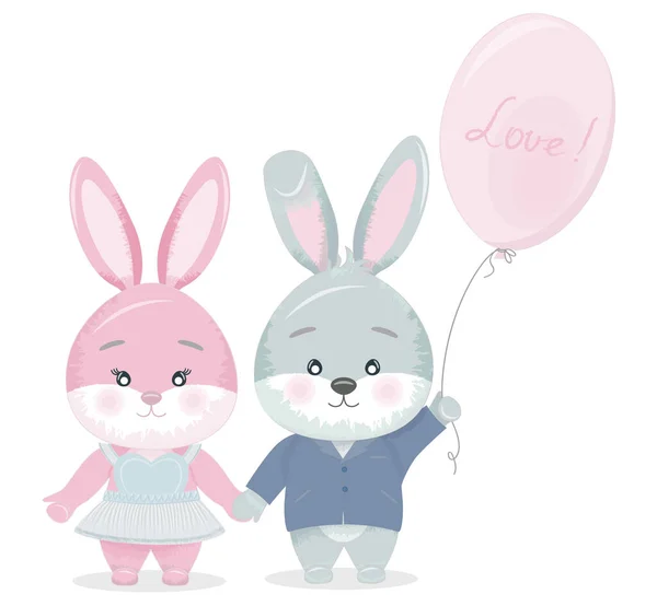 A pair of cartoon bunnies in clothes are holding hands. The blue bunny is holding a ball. — Stockvector