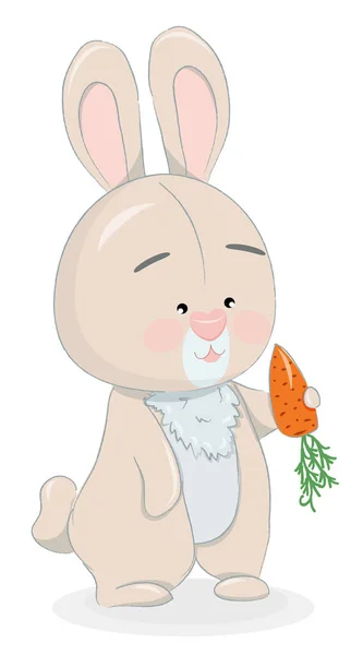 Cartoon happy chubby pink bunny with carrot — Stock Vector