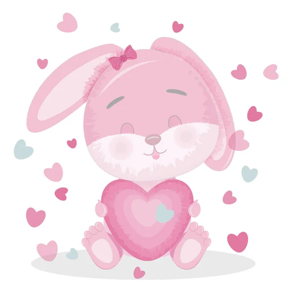 Cute chubby pink cartoon bunny hugs a heart. — Stockový vektor