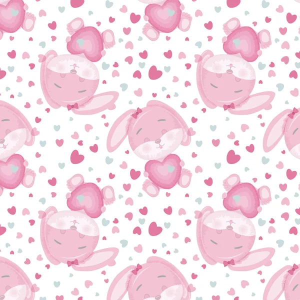 Seamless pattern with a pink little cute bunny hugging a heart. — Stockfoto