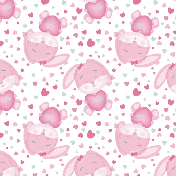 Seamless pattern with a pink little cute bunny hugging a heart.