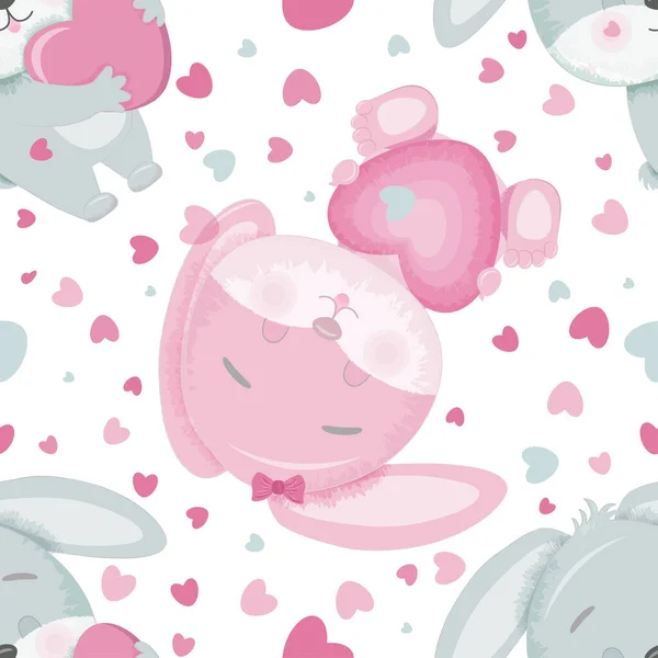 Seamless pattern with little bunnies with hearts. — Wektor stockowy